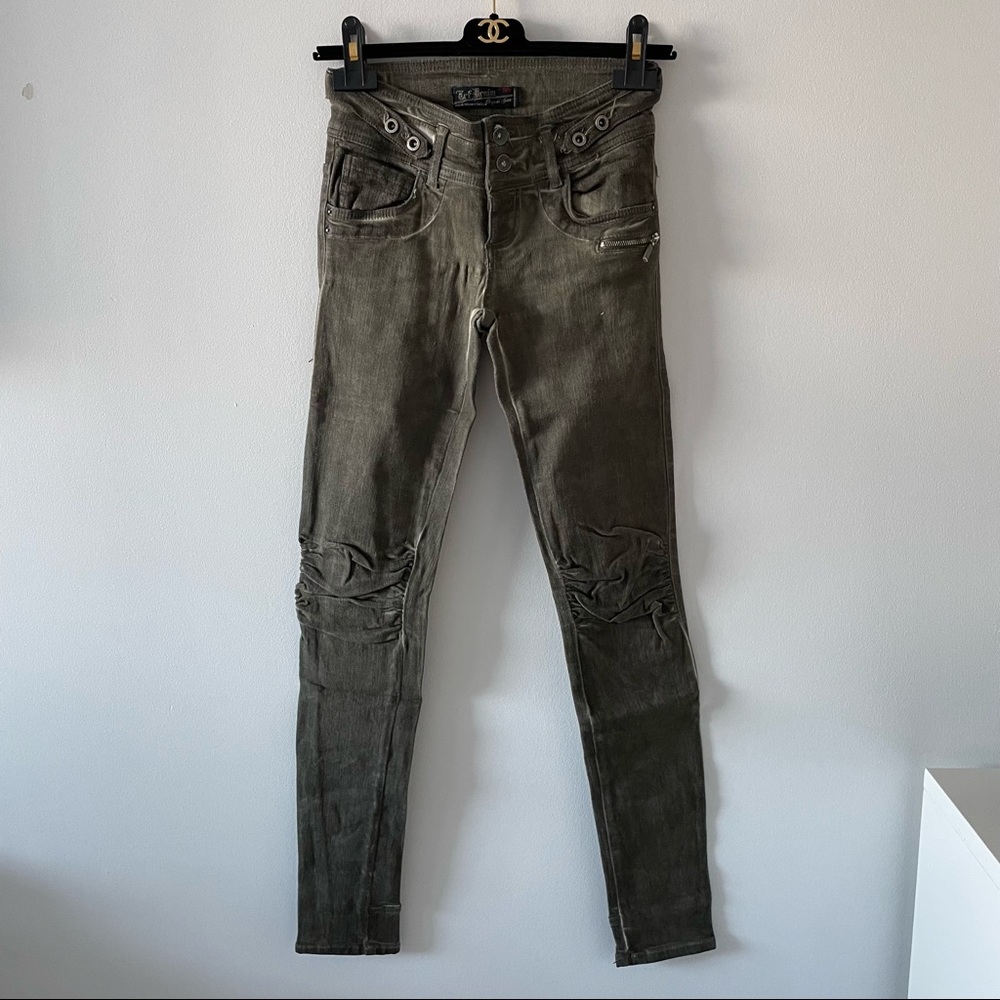 Zara TRF Denim olive coloured jeans US size 02 Military Ruched Knees